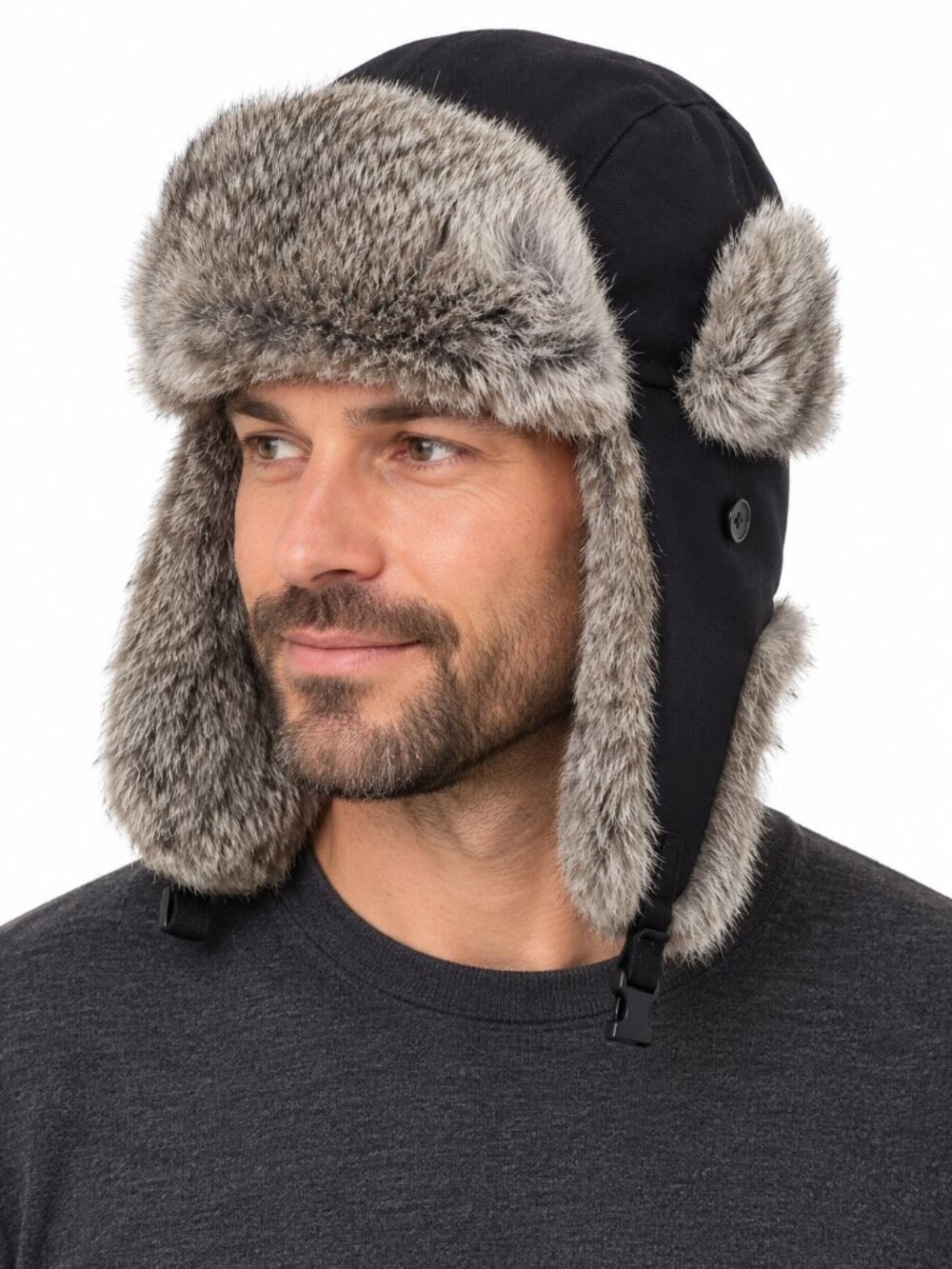 PAUL LEINBURD Crown Cap Winter Trapper Hat Black Grey Large Rabbit Fur Ear Flap